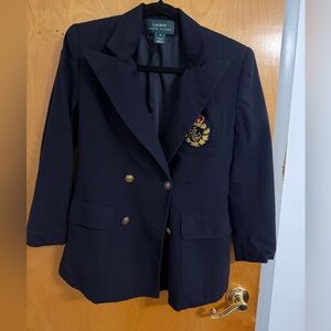 Lauren Ralph Lauren Navy Double-Breasted Embroidered Crest Blazer